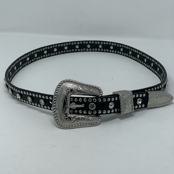 Unbranded | Black Silver Tone Studded Rhinestone Leather Belt - Picture 1 of 7